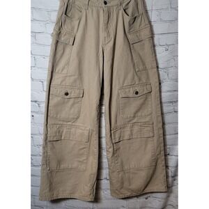 Forever 21 Pants Womens M Beige Cargo Wide Leg Cotton Twill Pockets Y2K Boho